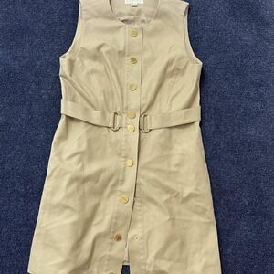 Michael Kors Dress Womens 14 Beige Sleeveless Belted Button Front Gold Detail